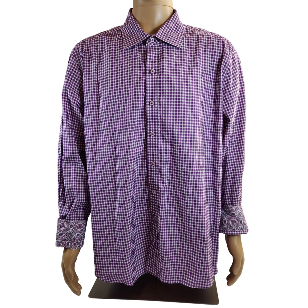 Robert Graham Exclusive Classic Fit Purple Gingham Button Up Shirt 3XL Flip Cuff - Picture 2 of 7